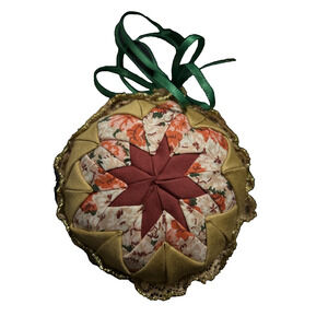 Vintage QUILTED FABRIC CHRISTMAS BALL ORNAMENT Star Flower Handmade
